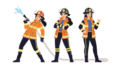 Flat vector sticker set of women firefighters with helmet, hose, extinguisher, and rescue poses. Perfect for emergency careers and professional graphics
