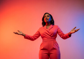 Confident African American female speaker presenting with open arms, feeling inspiring and welcoming, vibrant colorful gradient studio lighting.