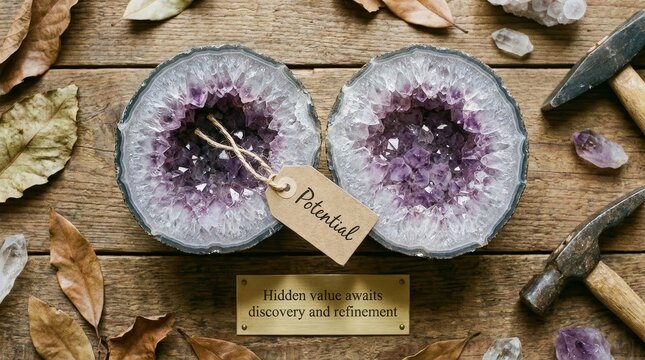 Amethyst geode sliced open with a potential tag