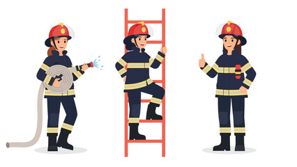 Flat vector sticker set of women firefighters with helmet, hose, extinguisher, and rescue poses. Perfect for emergency careers and professional graphics