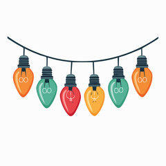 Colorful Christmas light bulbs on string. Holiday decoration. Festive illumination. Vector illustration. String of lights. Bulb icons. Colorful bulbs. White background.
