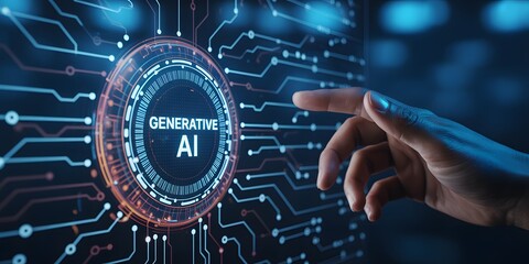 Human hand touching futuristic digital interface with text generative AI, concept of artificial intelligence, innovation, and advanced technology