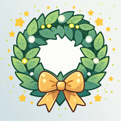 Christmas wreath. Holiday decoration. Green leafy wreath. Gold bow. White and gold ornaments. Vector illustration. Festive design element. Christmas symbol. Seasonal icon.