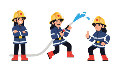 Flat vector sticker set of women firefighters with helmet, hose, extinguisher, and rescue poses. Perfect for emergency careers and professional graphics