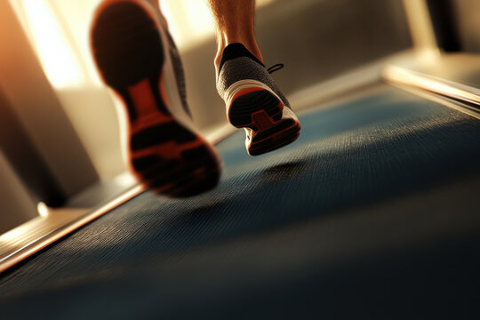 A person jogs on a treadmill inside a gym, capturing the warm light of sunset. The focus is on their shoes and movement, emphasizing fitness