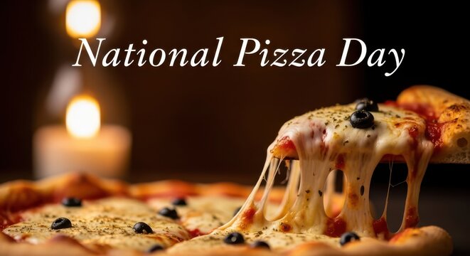 Delicious slice of pizza with melted cheese and olives, celebrating national pizza day with a warm candle glow in the background - Powered by Adobe
