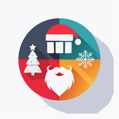 Christmas icons set. Santa hat, beard, tree, snowflake. Colorful holiday symbols. Vector illustration on white background.