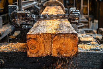 Workers use a powerful saw to process large wooden logs, creating wood shavings that scatter in the air during the cutting