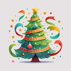 Christmas tree with colorful ribbons. Decorated tree with star on top. Holiday illustration with ornaments and confetti. Vector Christmas tree design. Festive tree with ribbons and stars.