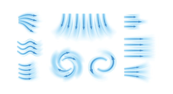 Air flow vector set, blue arrows showing wind straight, swirl and wave direction of air movement, cold fresh streams