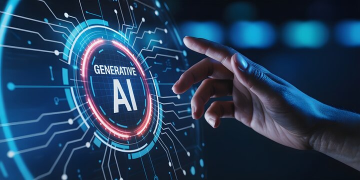 Human hand touching futuristic digital interface with text generative AI, concept of artificial intelligence, innovation, and advanced technology