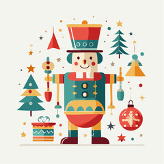 Nutcracker soldier toy. Christmas decoration illustration. Colorful holiday character. Vector nutcracker design. Festive background. Toy soldier. Christmas tree. Gift box. Star and bell