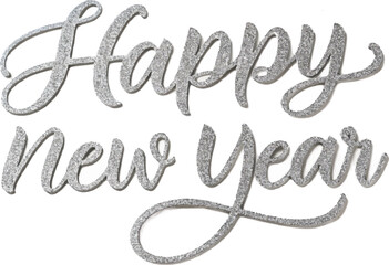 Sparkling New Year: Glimmering silver script wishes Happy New Year, radiating festive cheer and setting the stage for fresh beginnings and joyful moments. 