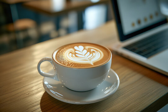 A cup of coffee with detailed latte art sits on a wooden table next to a laptop, creating a relaxed atmosphere in a cafe