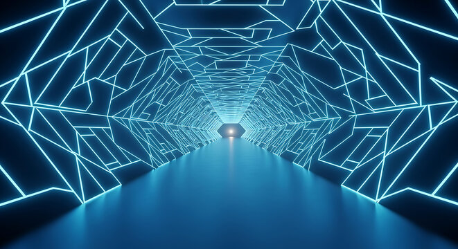 Seamless 3D Render of Abstract Virtual Reality Cyberspace Tunnel with Neon Blue Geometric Grid - Powered by Adobe