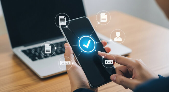 Person using mobile phone for secure access with verification checkmark and data icons showcasing cybersecurity and digital authentication on a laptop background for online safety