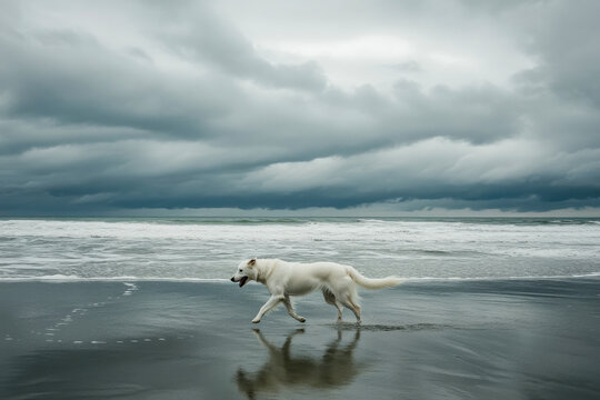 A white dog enjoys a stroll on the shore while waves lap gently at the sandy beach beneath a gray sky - Powered by Adobe