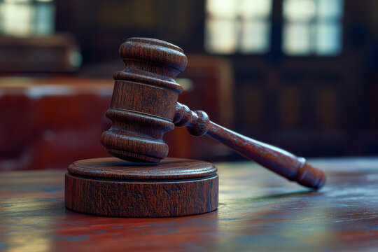 A wooden gavel lies on its sound block in a courtroom, ready for use during a legal proceeding under soft lighting