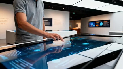 Medium shot of a visitor engaging with a touchresponsive glass display at a modern museum exhibit highlighting interactive technology in education spaces. - Powered by Adobe