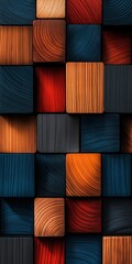 Background of dark blue orange and red wooden blocks with grain texture arranged in rows creating elegant modern look with rich vibrant colors for wallpaper or digital art concept.