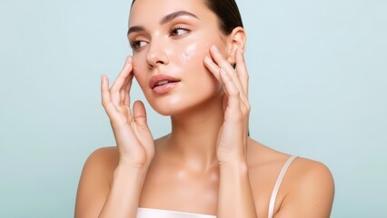 Beautiful young woman meticulously applies clear hydrating serum to her radiant, glowing complexion as part of a refreshing skincare routine