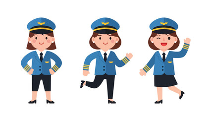 Flat vector sticker set of cute women pilots with airplane icons, maps, and headset. Perfect for aviation career graphics and professional character collections
