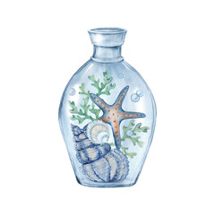 A blue glass bottle with marine elements inside, a starfish, seashells and seaweed. It was painted in watercolor for printing and posters.