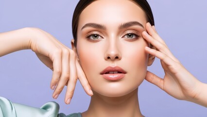 Beautiful young woman showcases her natural glowing skin and fresh makeup with a serene expression, delicately posing against a soft lavender backdrop for a beauty portrait