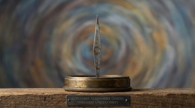 Antique compass with inscription pointing towards purpose in blurred background