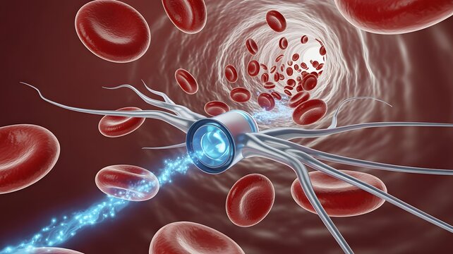 Nanotechnology concept showing nanoparticles interacting with red blood cells, futuristic medical innovation and biotechnology illustration