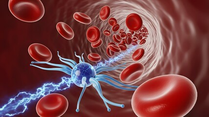 Nanotechnology concept showing nanoparticles interacting with red blood cells, futuristic medical innovation and biotechnology illustration