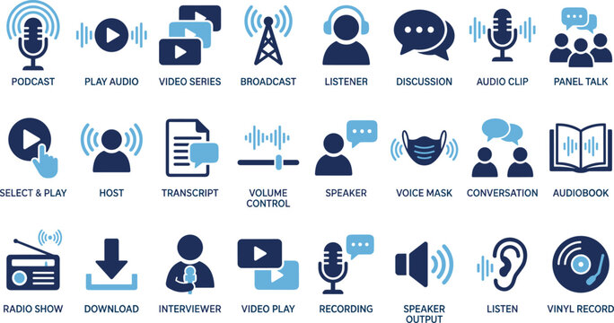 Audio icon set, podcast symbols, media graphics, voice tools, speaker visuals, communication elements, sound wave icons, blue theme design