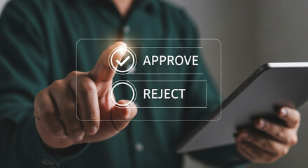 Person using a digital tablet to approve a request showcasing modern technology and decisionmaking processes in a business setting highlighting efficiency and digital transformation in workflow manage