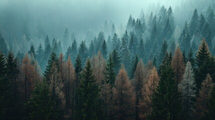 Autumn Forest Serenity: Captivating Green and Brown Textures Amidst Hazy Blue Woods