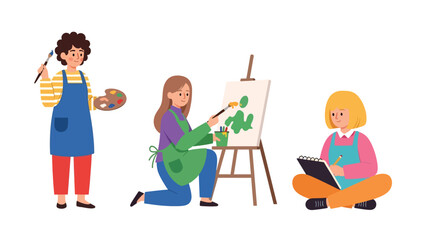 Flat vector set featuring cute women artists painting, sketching, and creating artwork. Ideal for creative career themes and artistic planner elements