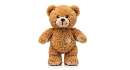 Obraz premium Adorable plush teddy bear with a cute patch, perfect for children's themes, heartfelt gifts, and comforting companionship on a clean white background