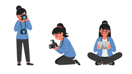 Flat vector sticker collection of women photographers capturing photos, holding camera, and editing shots. Ideal for creative media career visuals