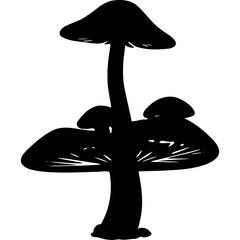 Silhouette of three mushrooms with different sizes and shapes cap on transparent background