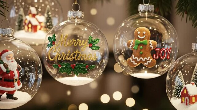 Festive Christmas Ornament Display with Santa Claus, Gingerbread Man, and Holiday Decals, Set Against a Warm, Twinkling Background of Tree Lights