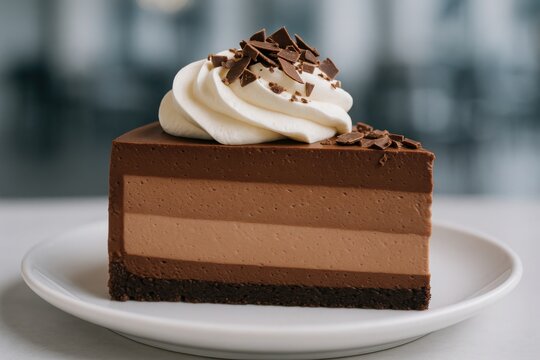 Indulgent Chocolate Cake: A decadent slice of layered chocolate cake, elegantly adorned with whipped cream and chocolate shavings. A delicious treat. - Powered by Adobe