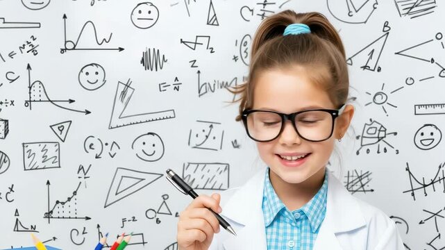 Bright-Eyed Innovator: A young girl, with spectacles, and dressed in a lab coat, radiates intelligence and passion while surrounded by intricate mathematical equations.