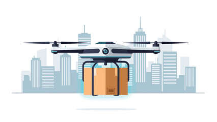 Modern delivery drone carrying package over city skyline promises rapid urban logistics and innovative technology solutions for e-commerce businesses