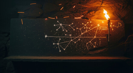 Ancient cave drawing depicting constellations and astrological symbols illuminated by flame. Concept of ancient rituals, astronomy, and cultural heritage.
