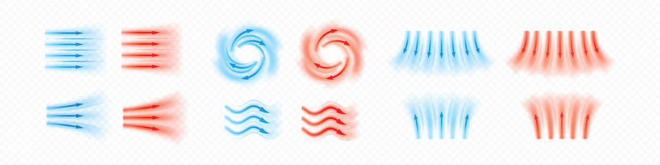 Air flow vector set, red and blue arrows wind straight, swirl and wave direction of air movement, cold and hot streams