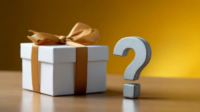 Mystery gift box with golden ribbon and gray question mark on wooden surface