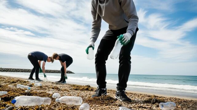 Beach Cleanup Crew: Dedicated volunteers, armed with gloves, work together to rid a beach of plastic bottles. Capturing the spirit of environmental responsibility.