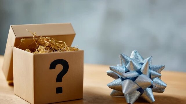 Mystery gift box with question mark and silver bow on wooden table