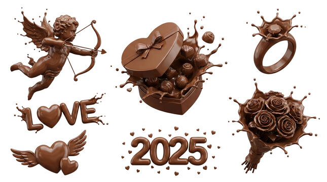 Set of 3D Chocolate Valentine's Day Elements with Splash Effects featuring Cupid, Roses, Heart Box, and 2025 Text