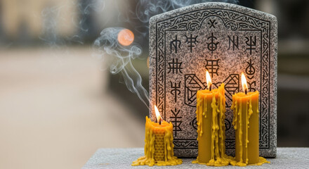 Hand-carved granite slab with ancient symbols surrounded by burning beeswax candles, creating subtle smoke trails. Represents themes of spirituality and ancient rituals,