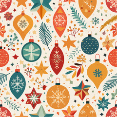 Christmas ornament pattern. Colorful holiday decorations. Ornaments, stars, snowflakes, and leaves. Seamless vector background. Festive design elements. White background texture. Winter
